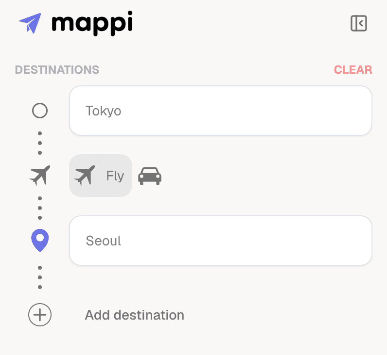 Destinations panel with Tokyo and Seoul added and Fly selected as the route type