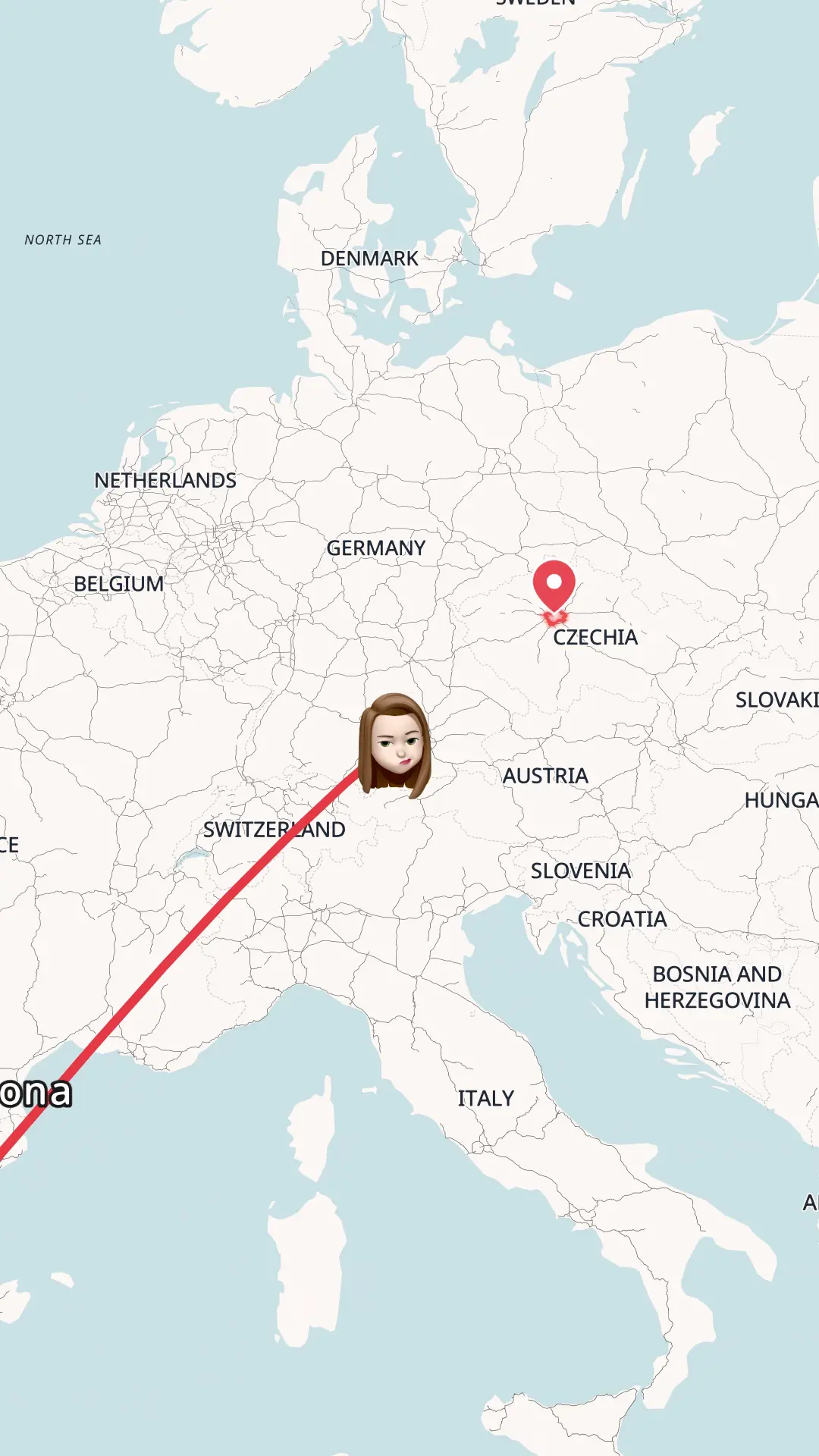 Animated map flyover from Barcelona to Prague across Europe