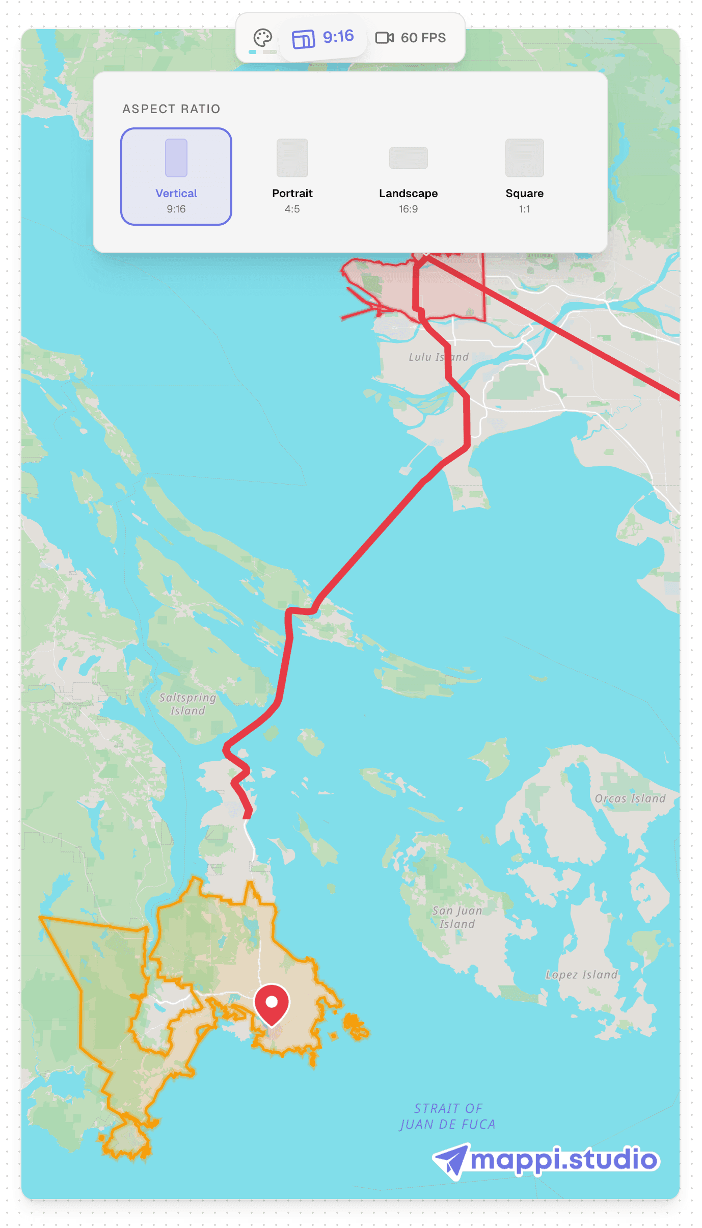 Aspect ratio picker with vertical, landscape, and square options for a map video