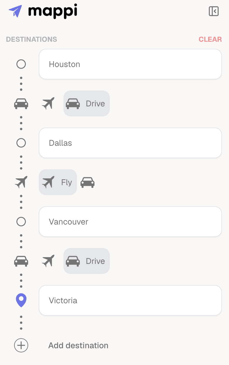map animation route combining a driving leg and a flying arc between destinations