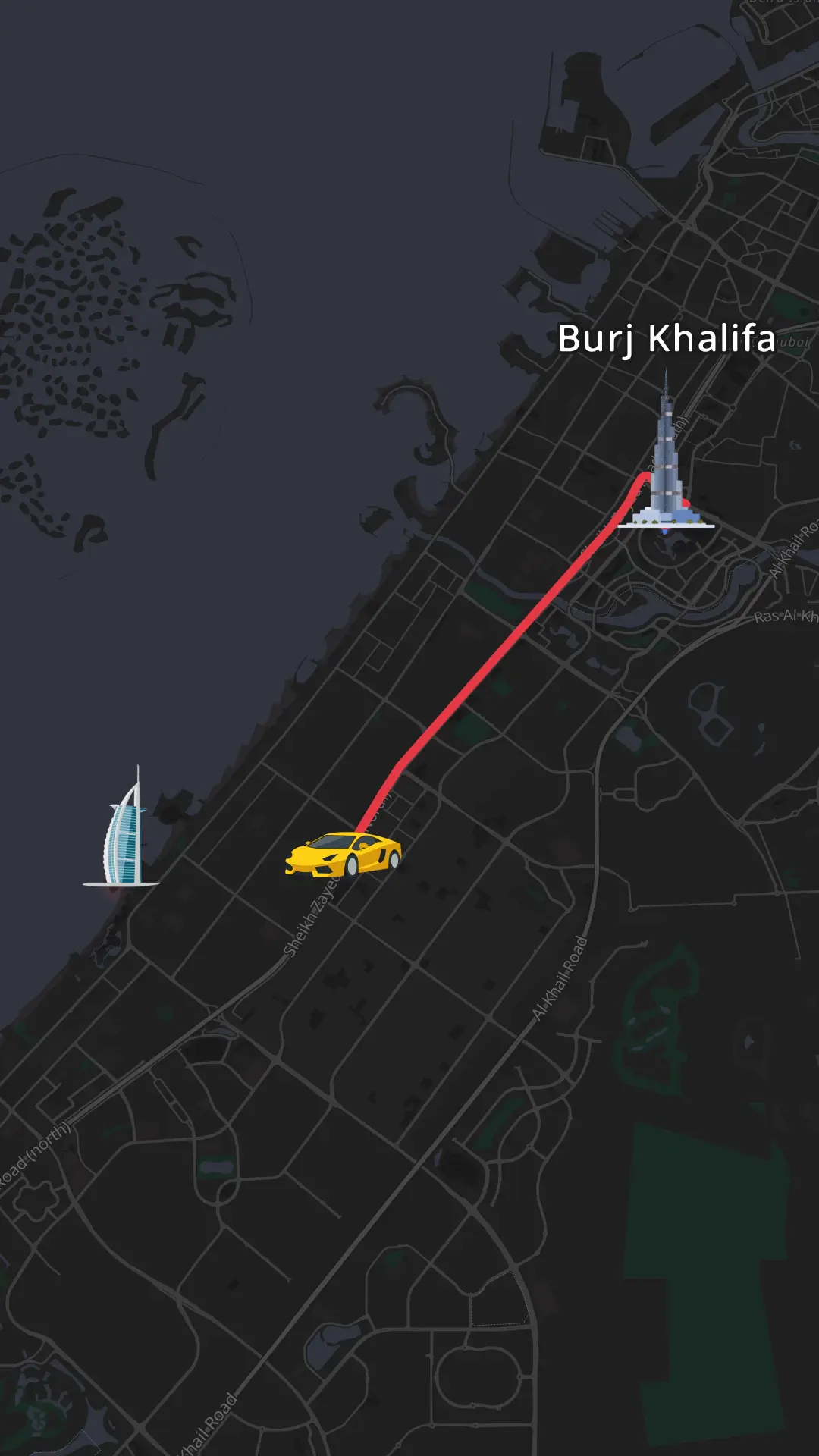Animated map of a Lamborghini driving from Burj Khalifa to Burj Al Arab in Dubai