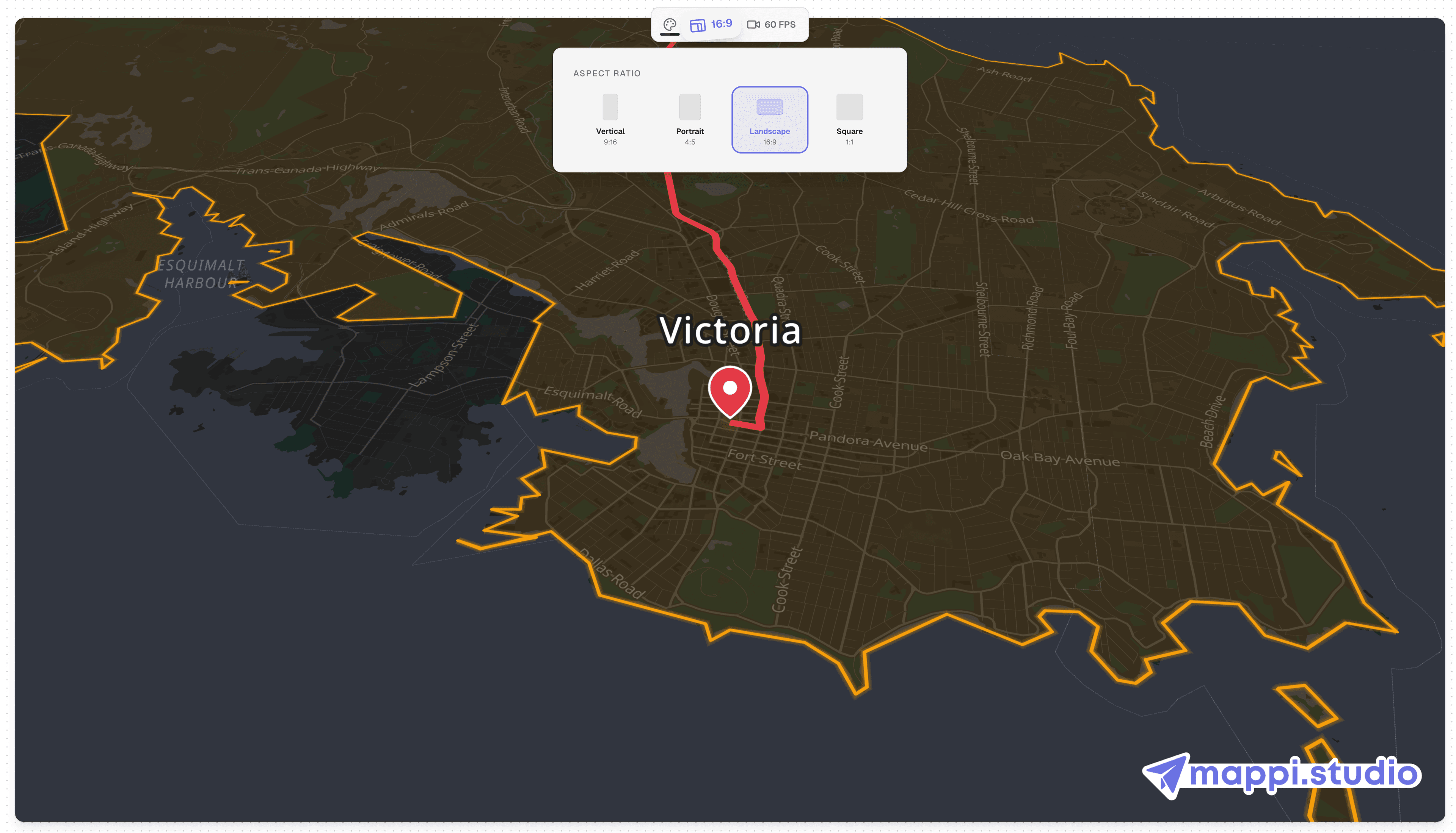 map animation preview framed in the 16:9 landscape aspect ratio