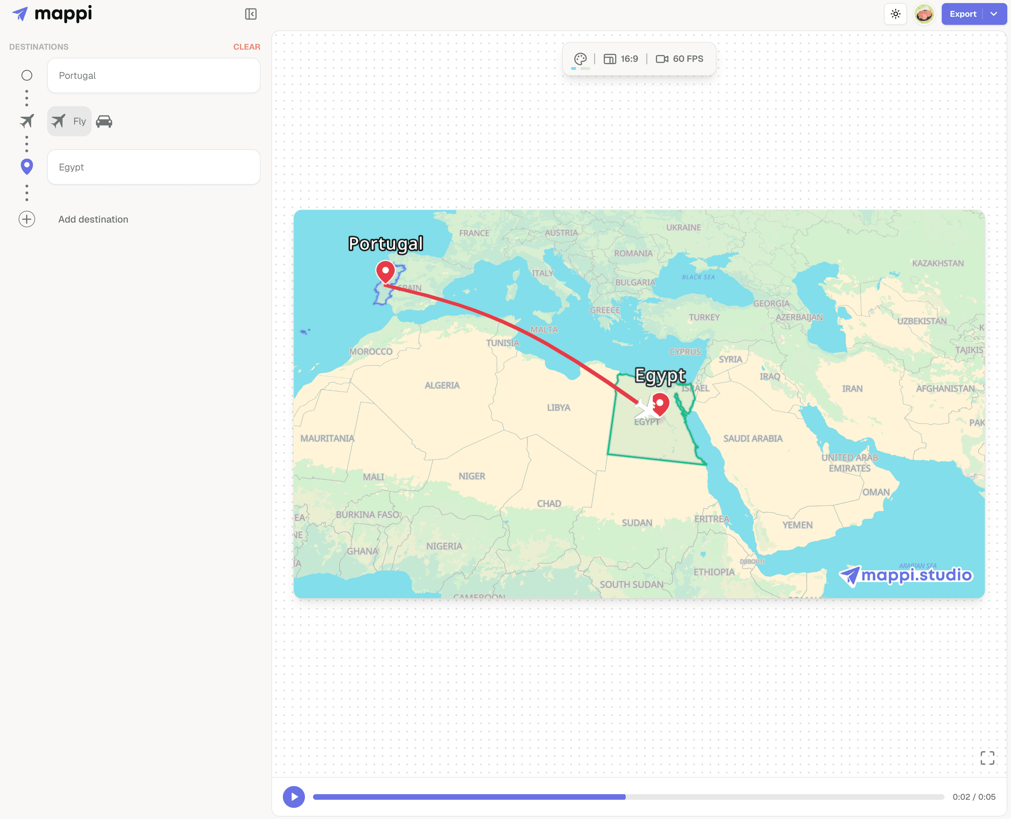 light-themed map in 16:9 landscape showing a Portugal to Egypt flight path