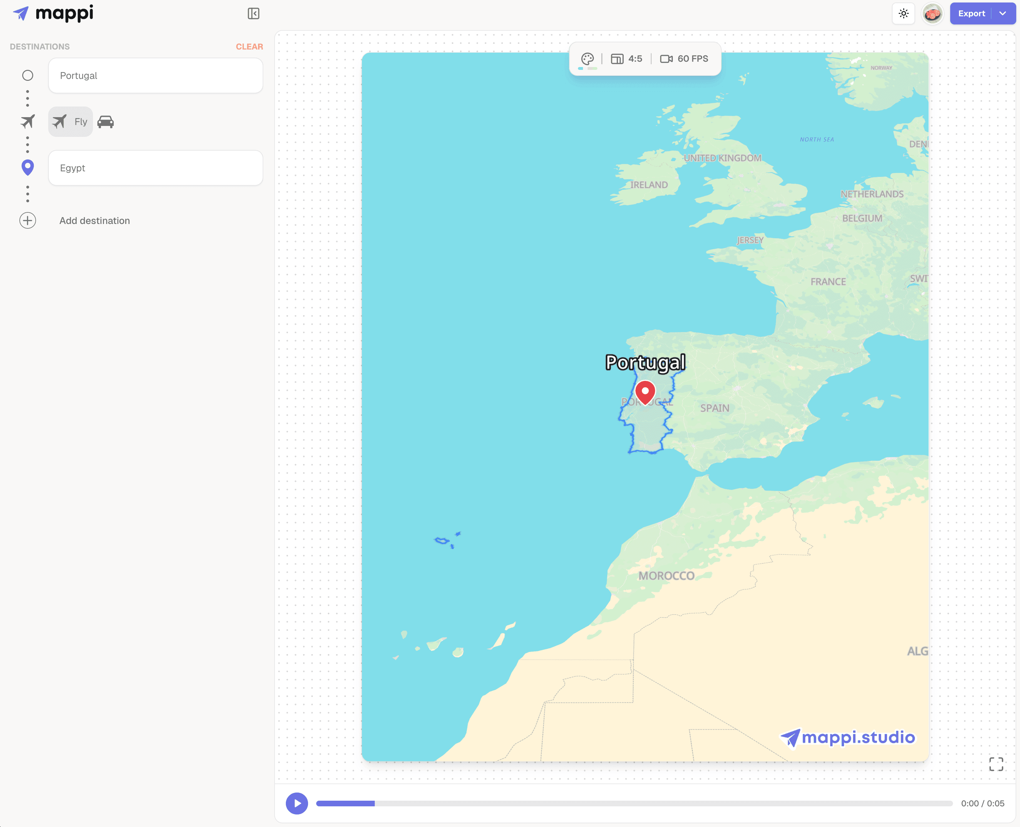 light-themed map with an animated flight path from Portugal to Egypt