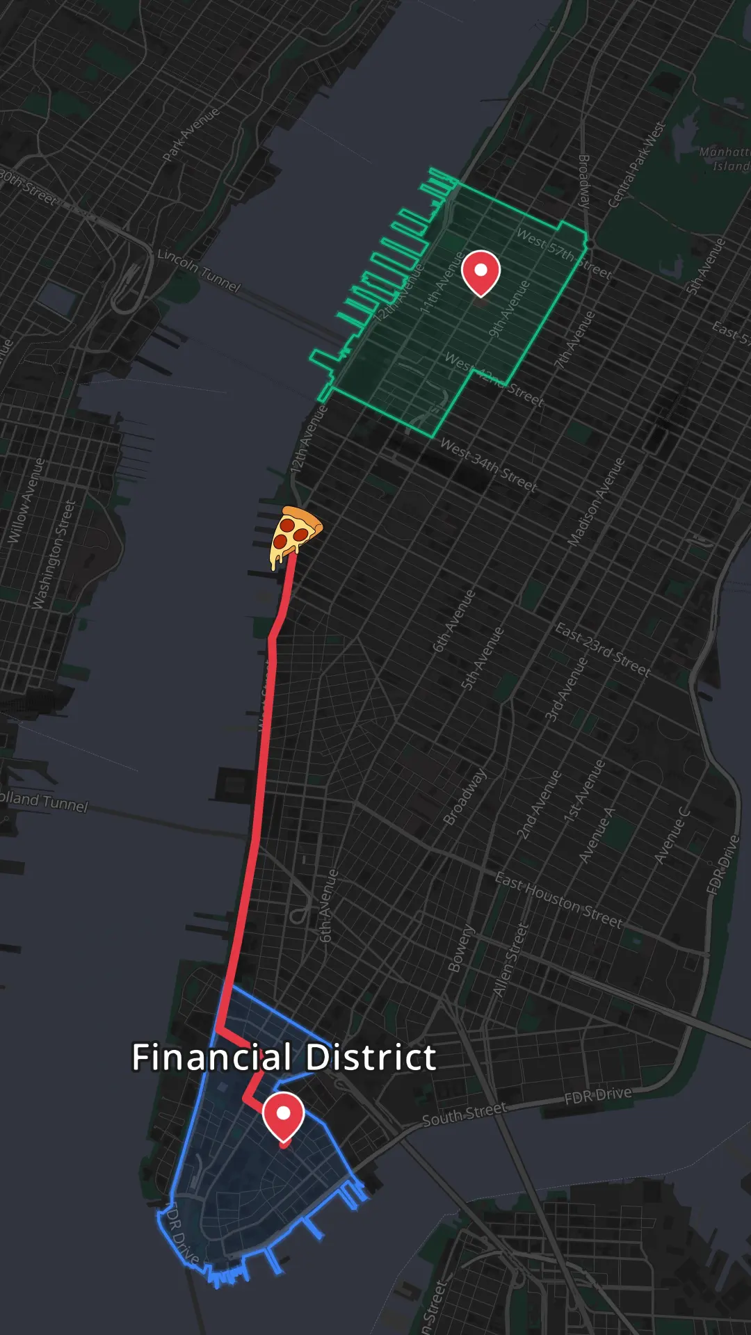 Animated map of a pizza crawl through New York City