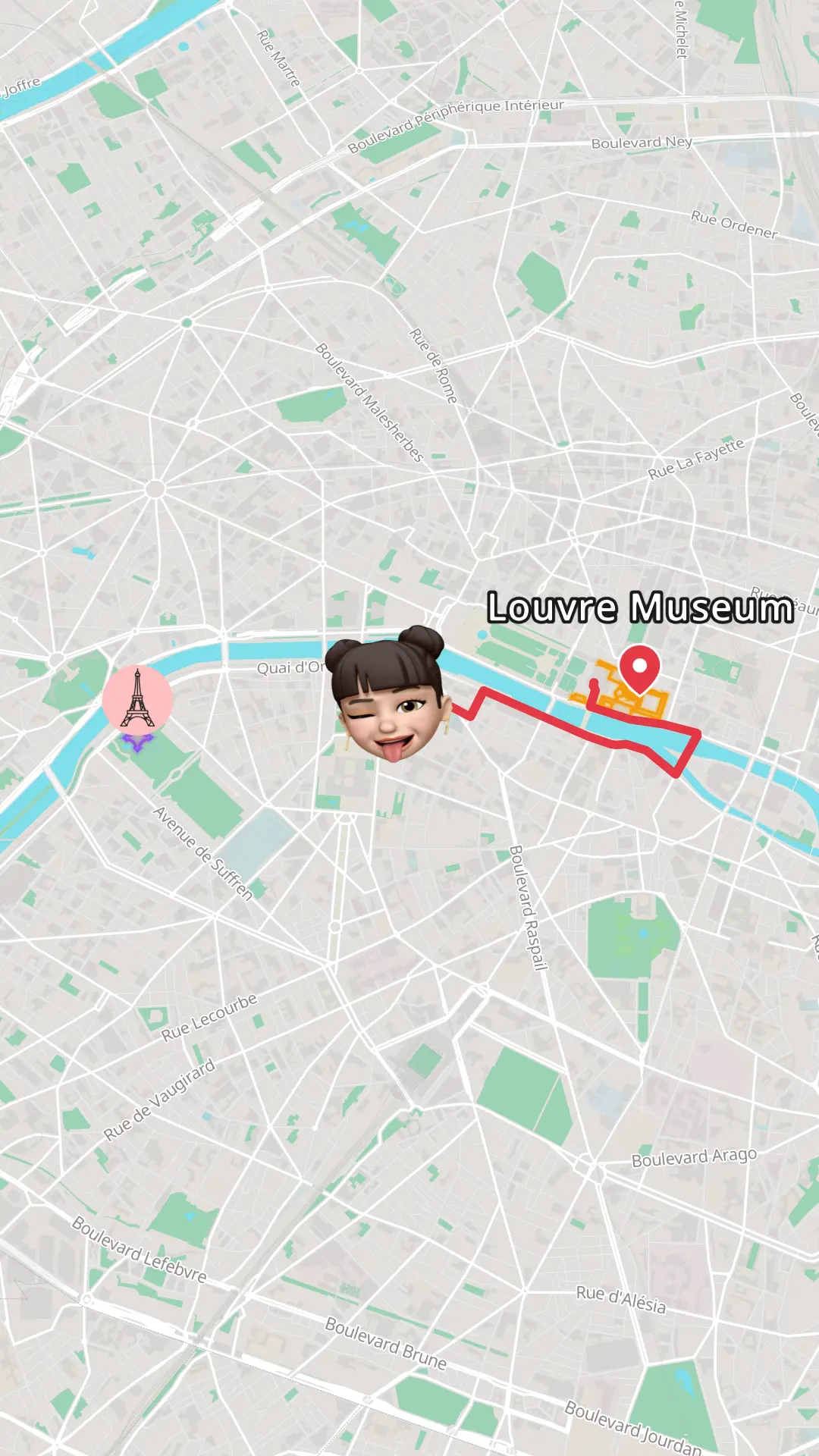 Animated map from the Louvre Museum to the Eiffel Tower along the Seine in Paris