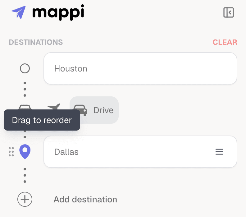 destination list being dragged into a new order to change the map animation sequence