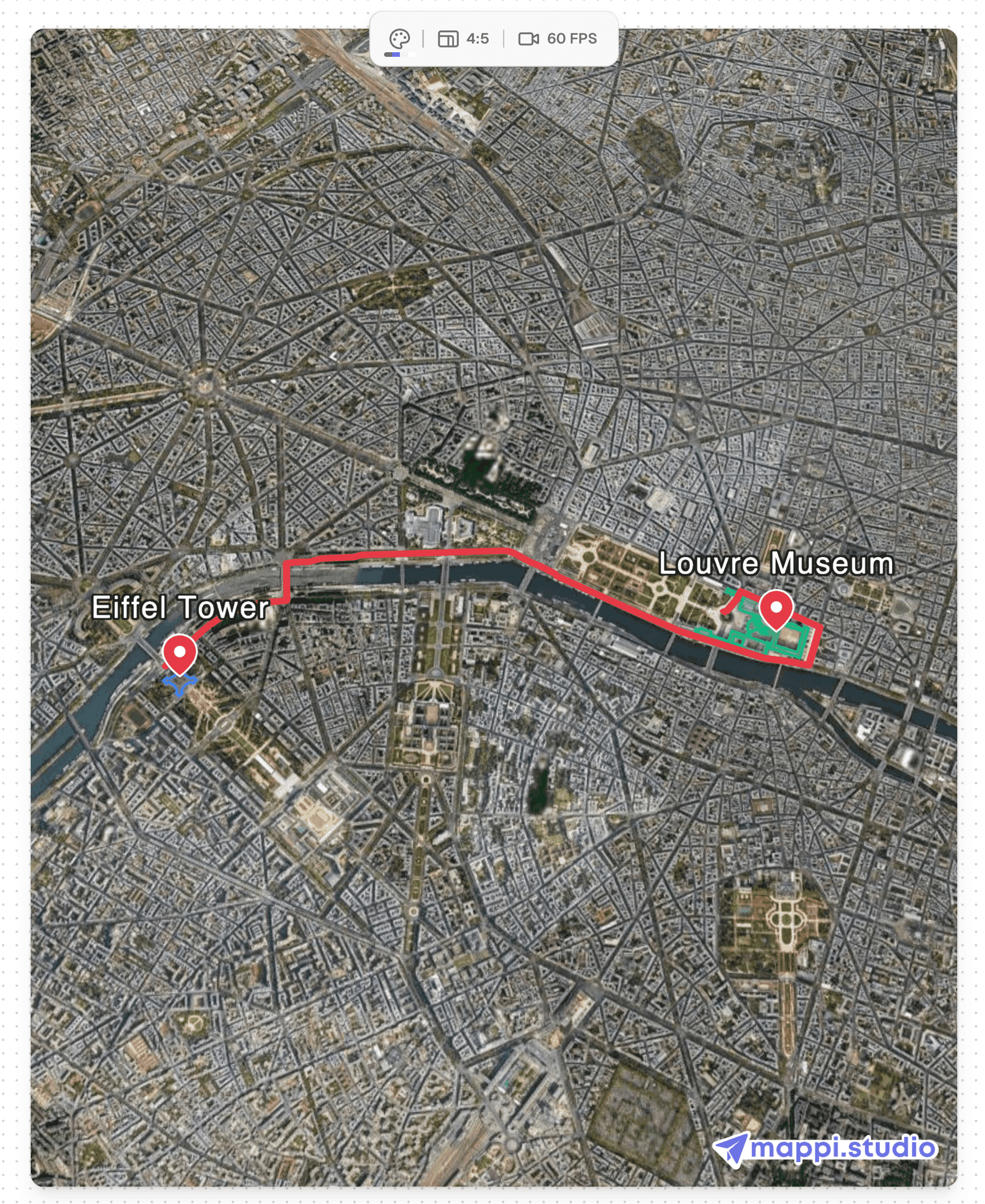satellite map with a route from the Eiffel Tower to the Louvre Museum in Paris