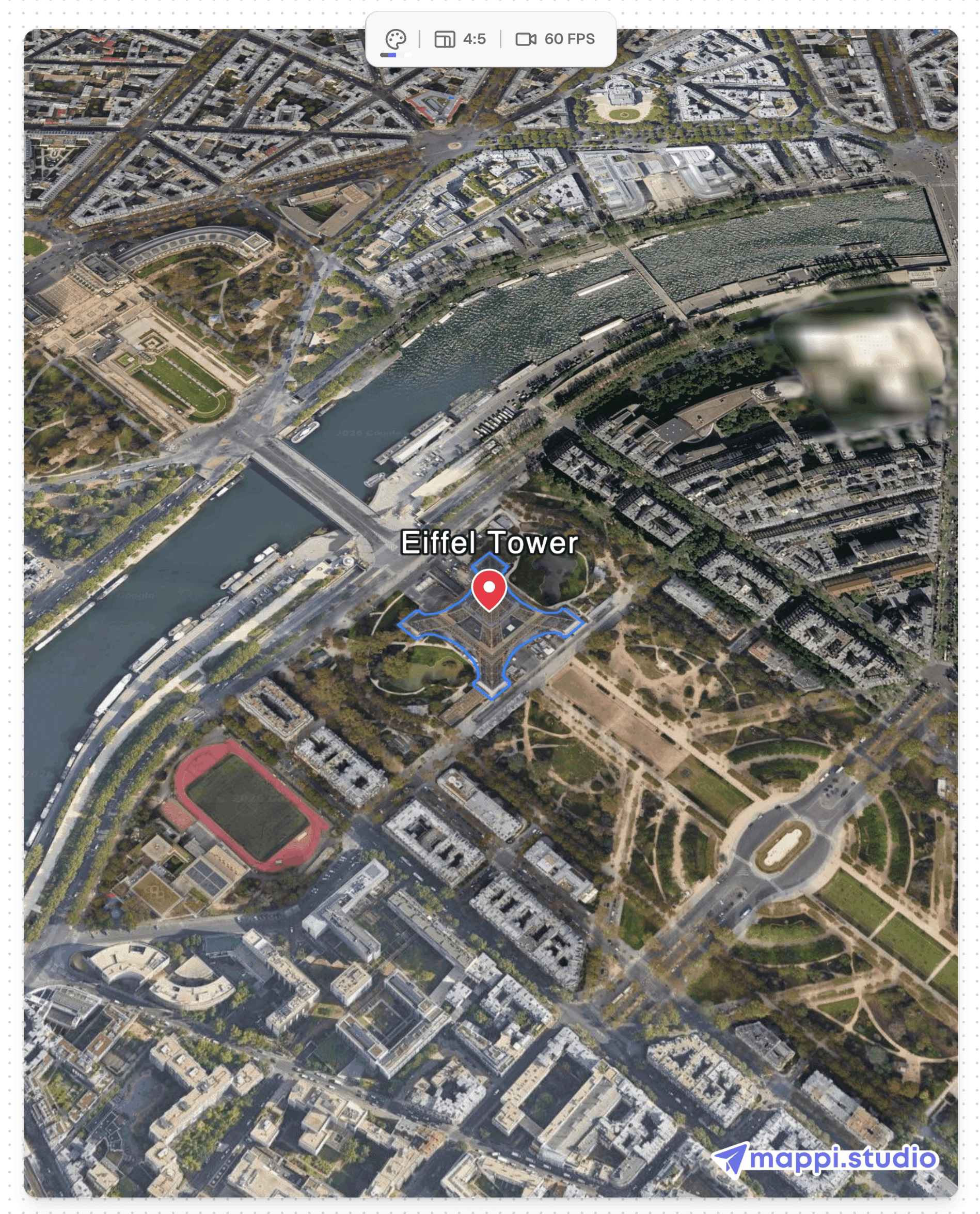 satellite imagery map centered on the Eiffel Tower in Paris