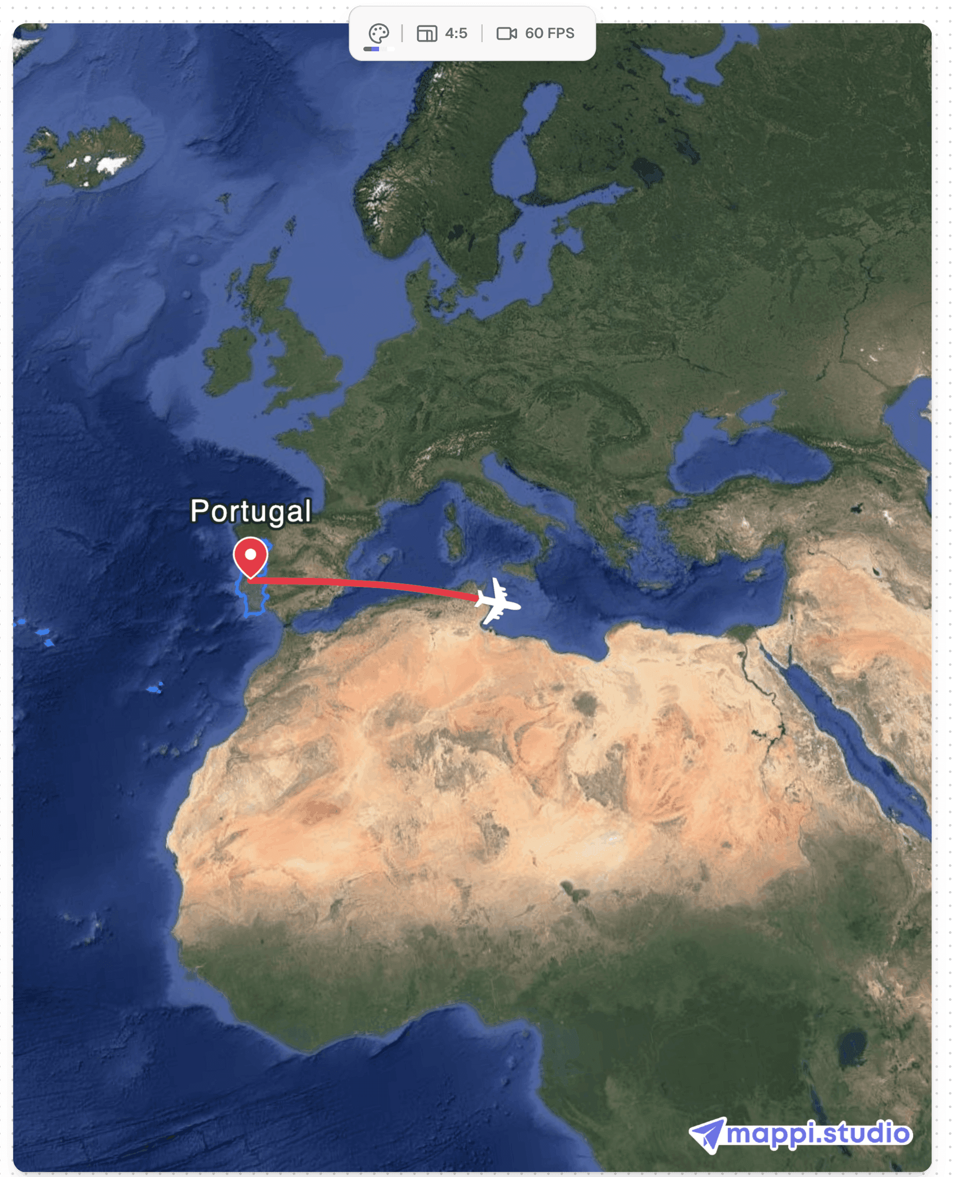 satellite map with an animated flight arc between two destinations
