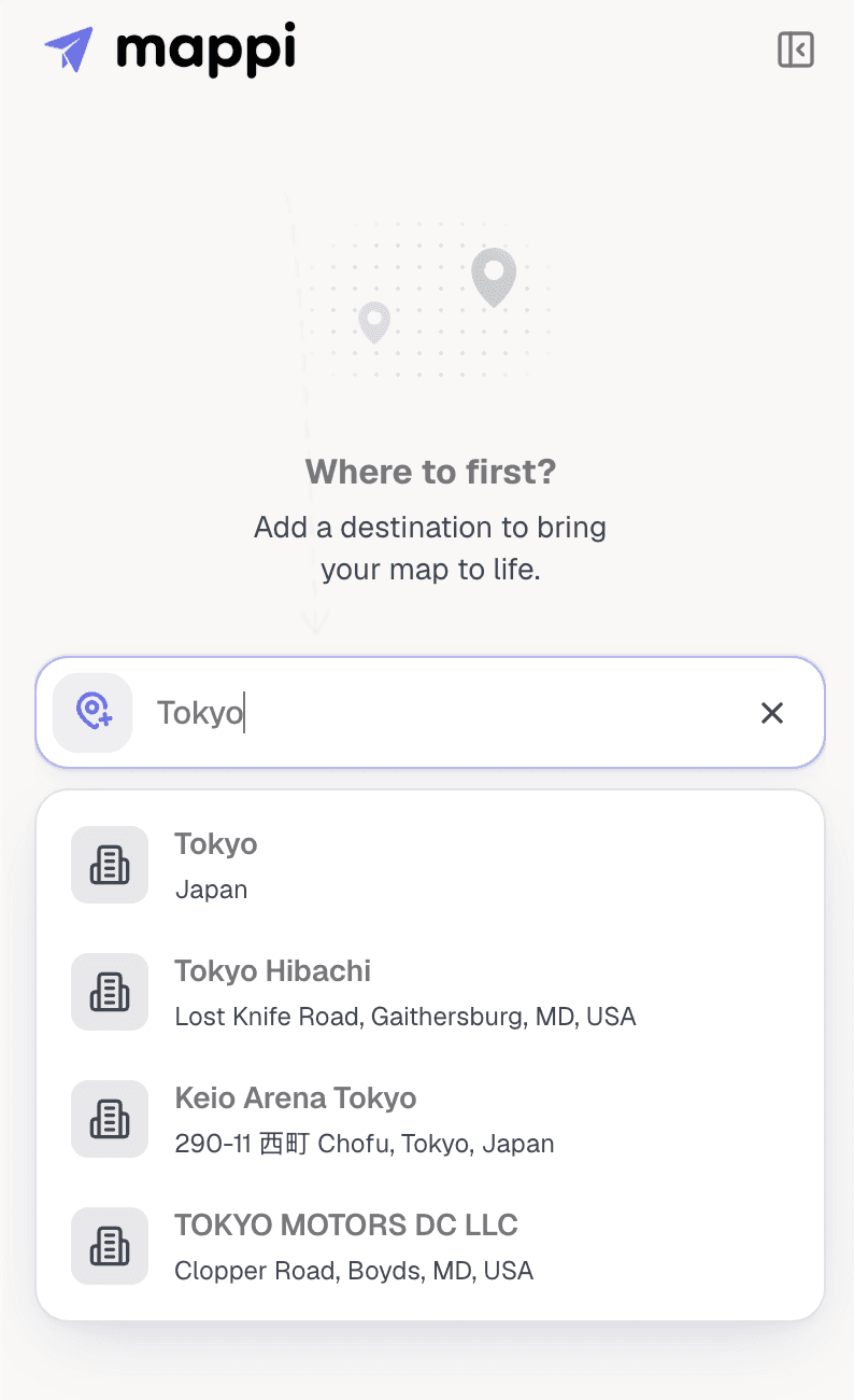 Place search showing autocomplete suggestions for a typed location