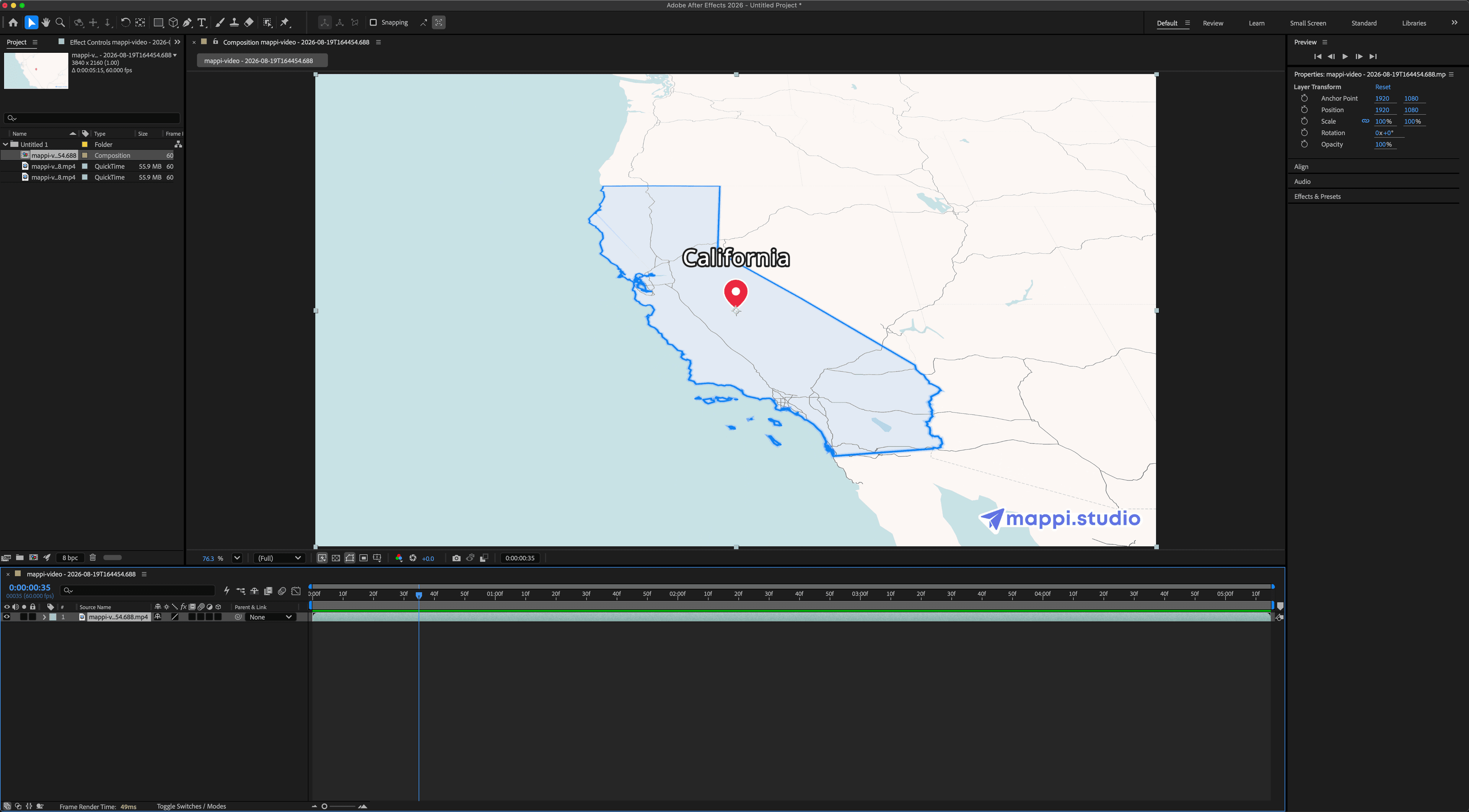 After Effects composition with a Mappi map animation, text layers, and effects applied in the Timeline panel