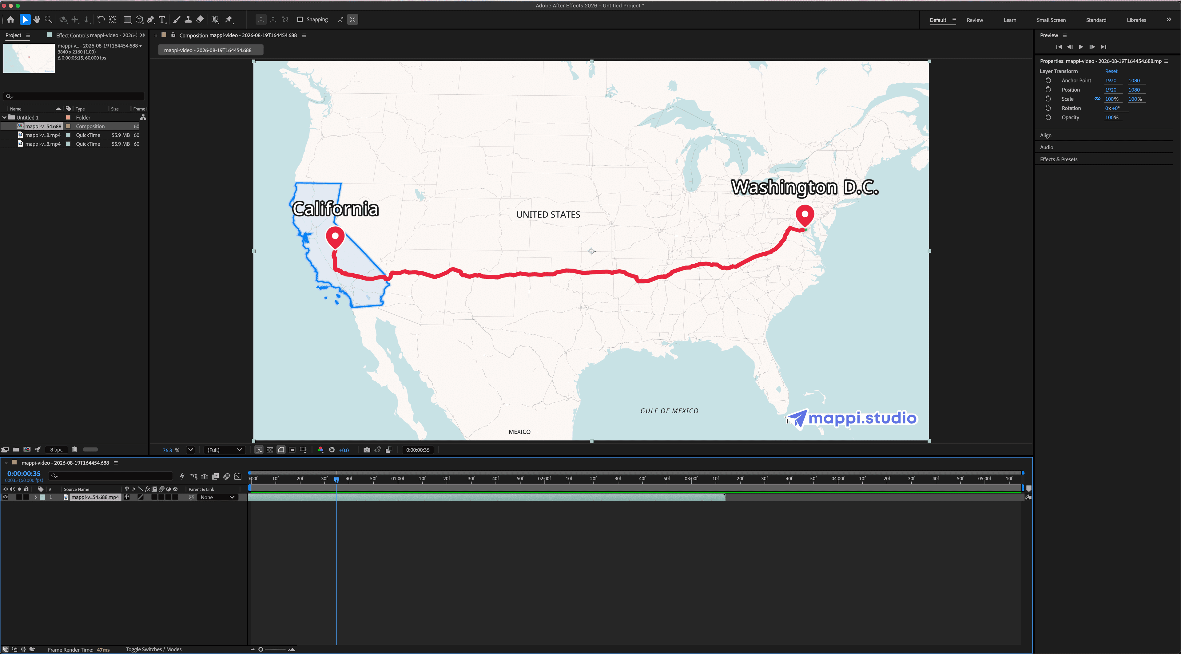 Mappi animated map footage inside an After Effects composition with the Timeline panel visible