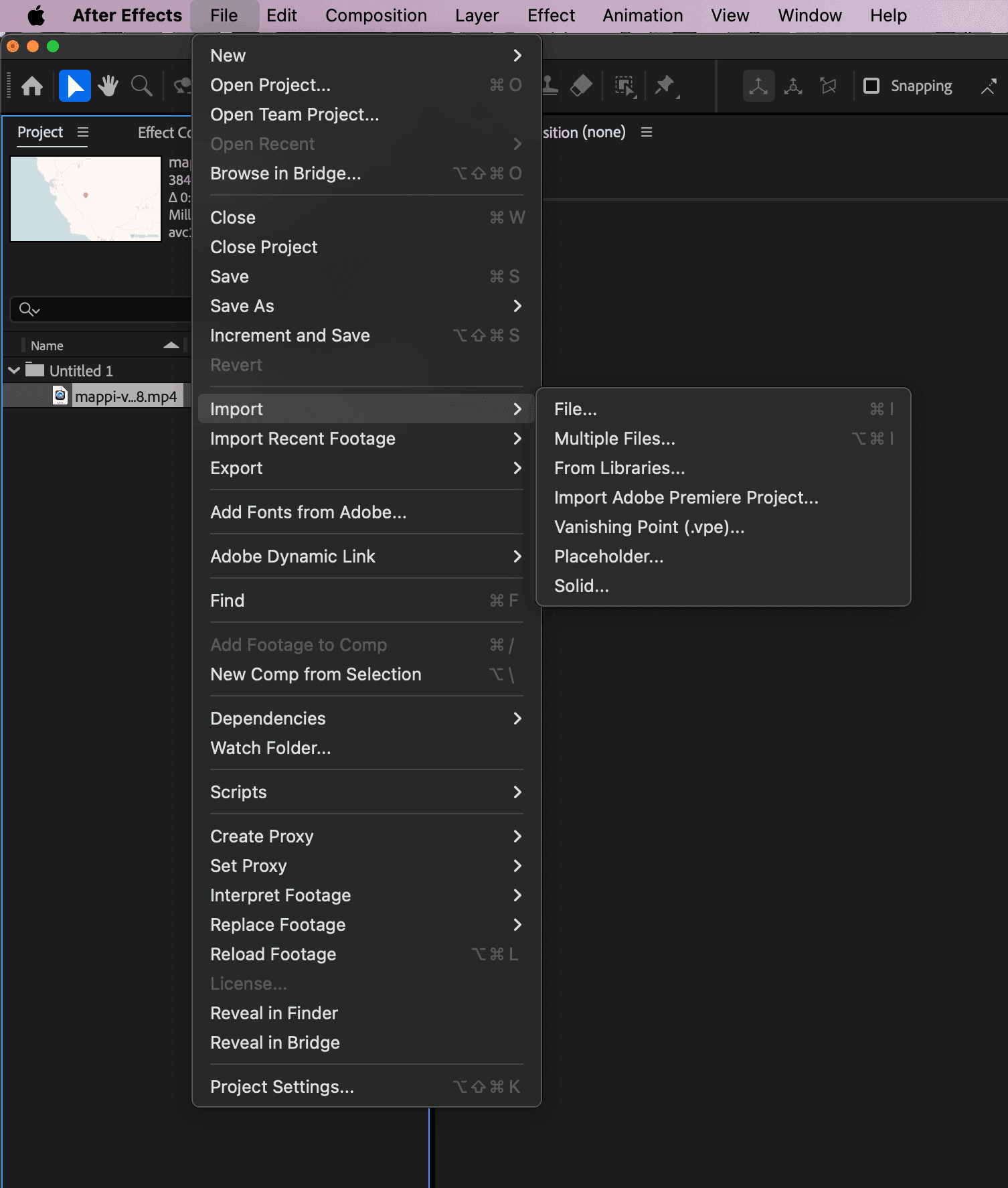 Mappi map animation as a layer in the After Effects Timeline panel with Transform properties expanded
