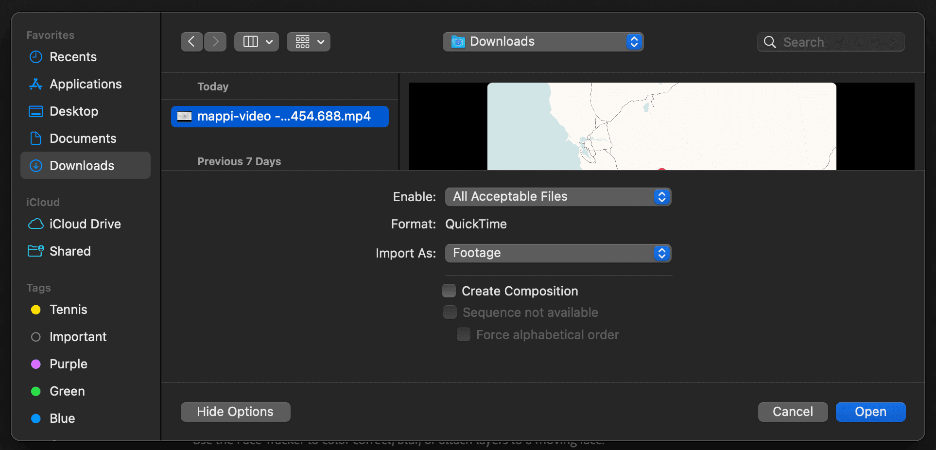 After Effects Project panel showing a Mappi map animation imported as footage via File > Import > File