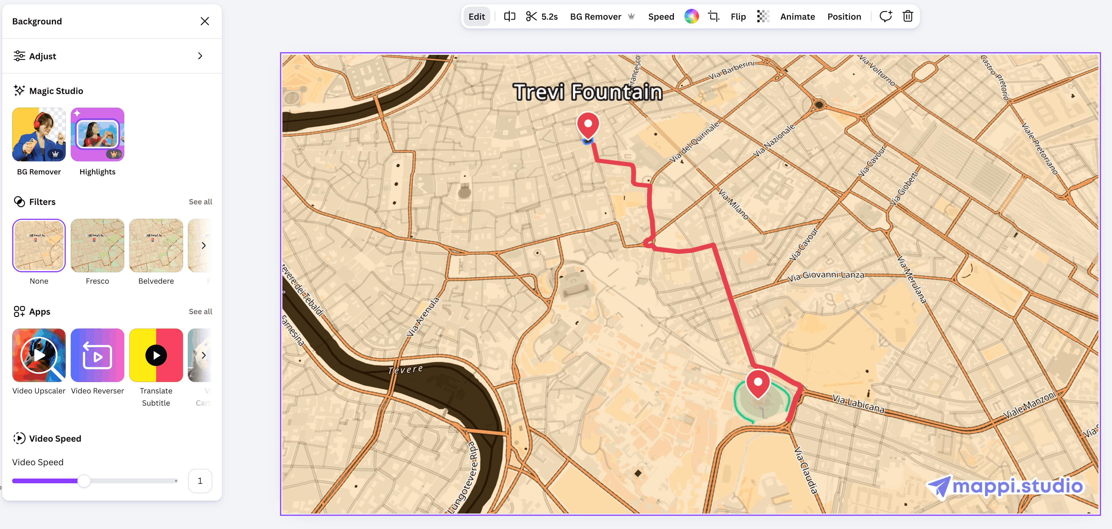 Completed Canva design with an animated map from Mappi, text overlays, and brand elements applied