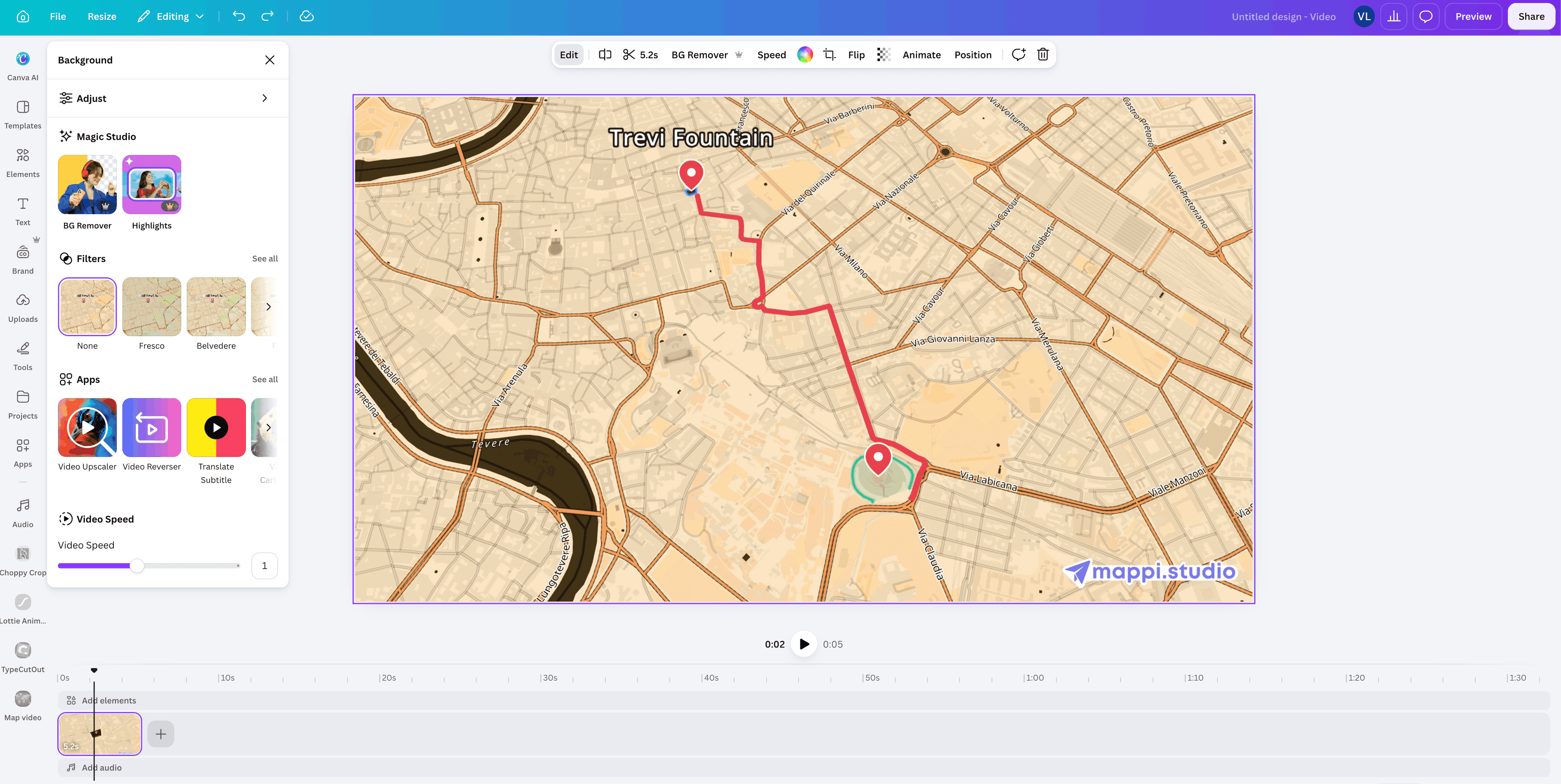 Mappi animated map video placed inside a Canva design in the Canva editor