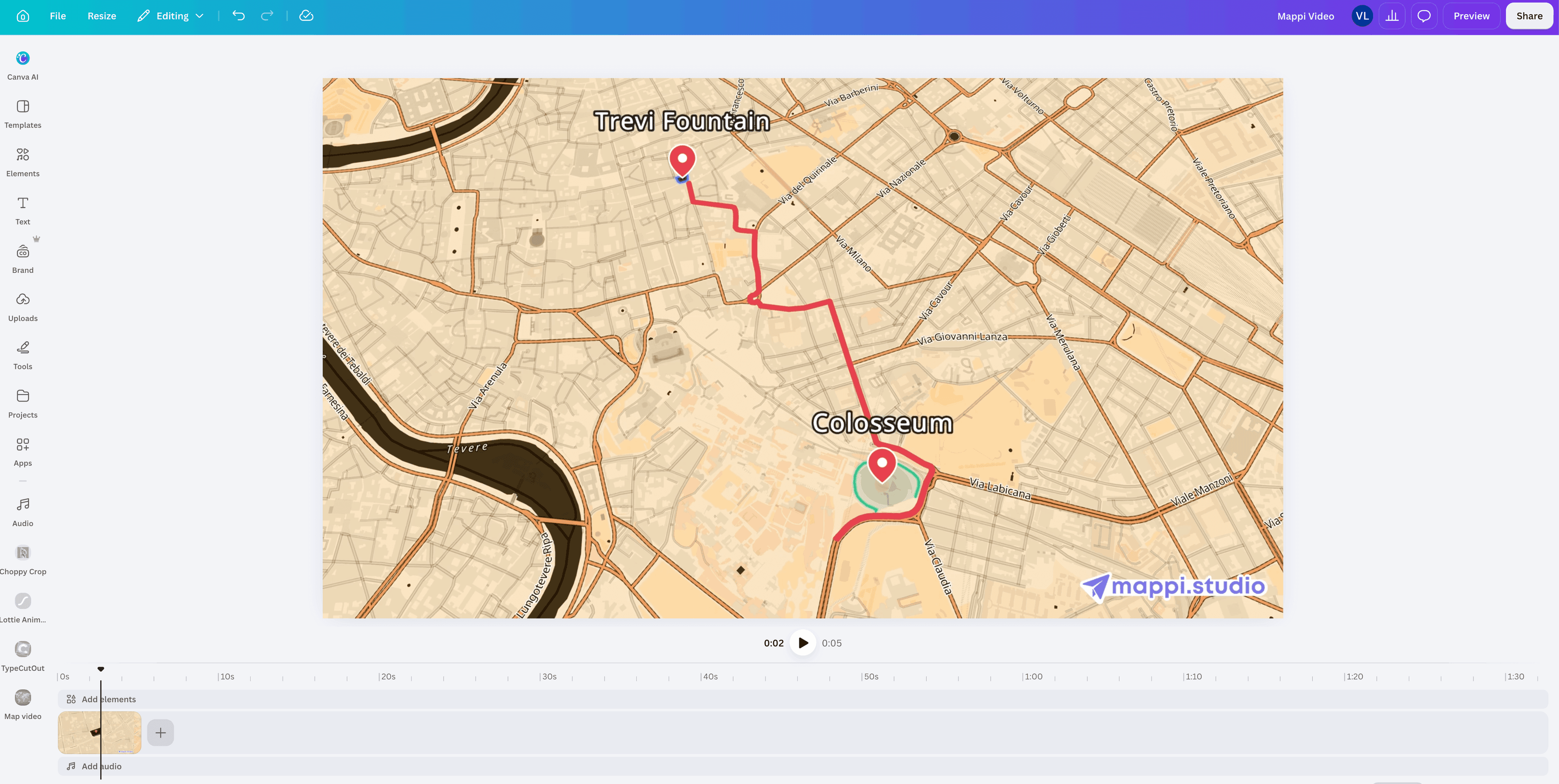 Canva editor showing an animated map from Mappi added to the design canvas after upload