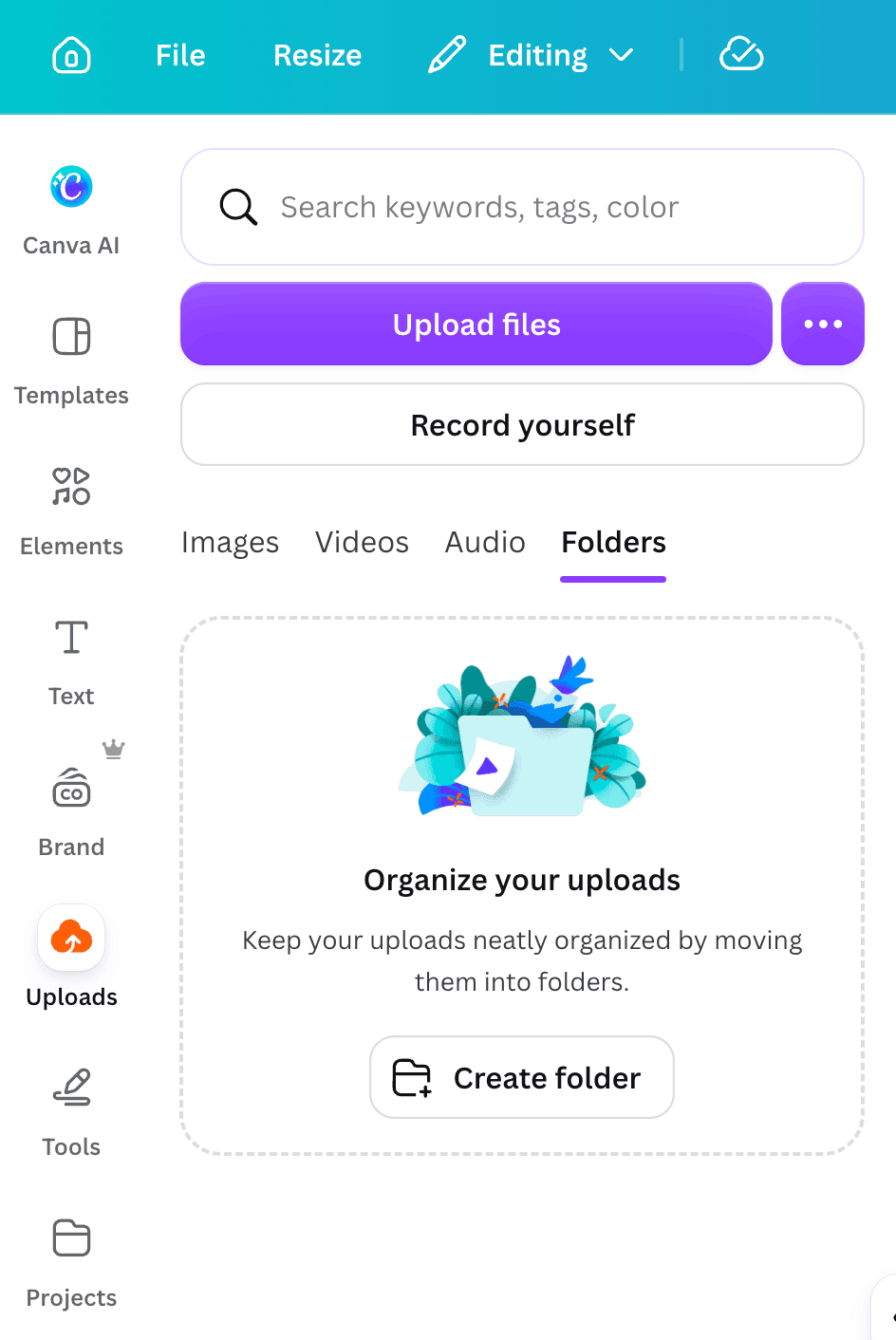 Canva editor with the Uploads panel open, showing the Upload files button used to import a Mappi video