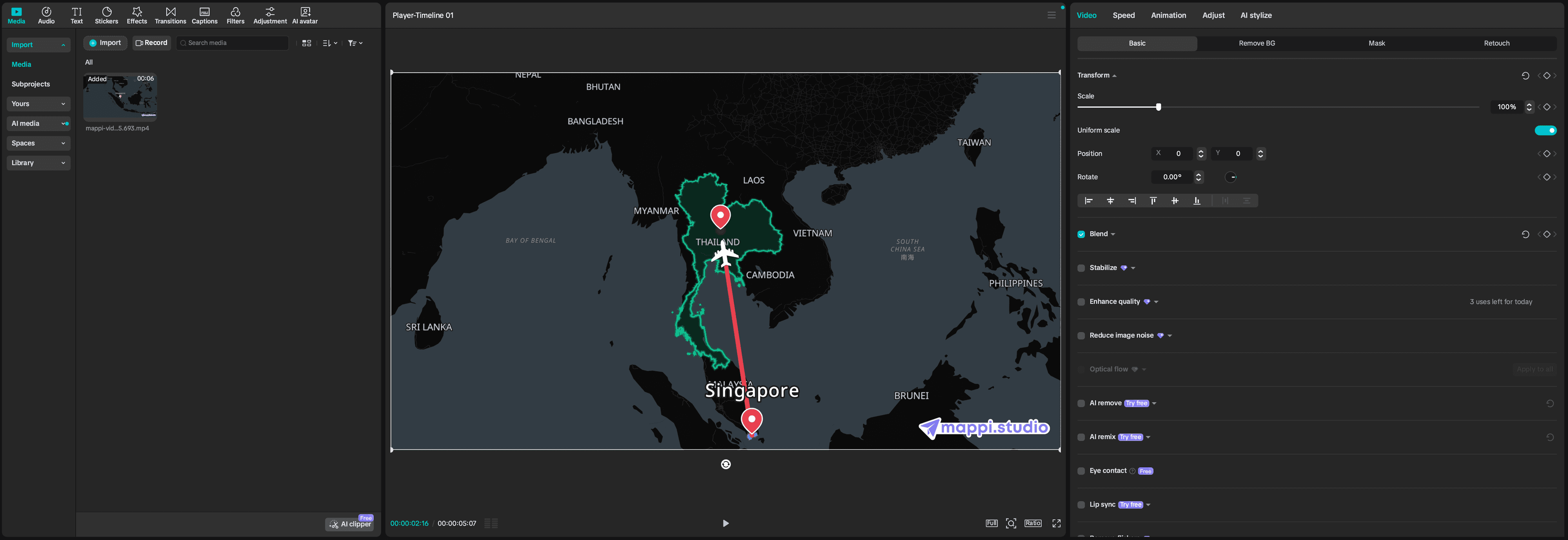Finished CapCut edit with a Mappi map animation, captions, and effects layered on the timeline