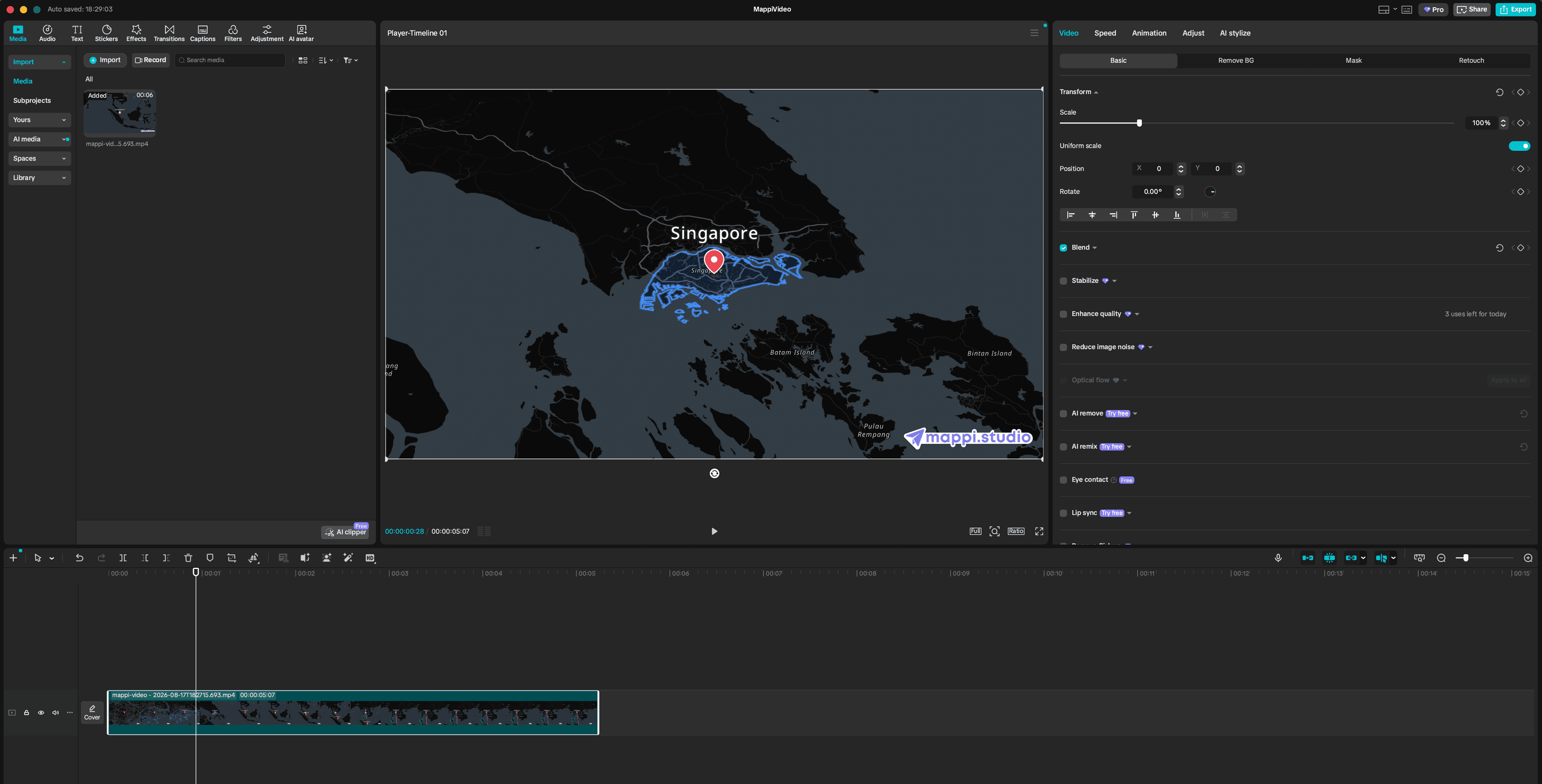 Mappi animated map video on the CapCut multi-track timeline, ready to edit