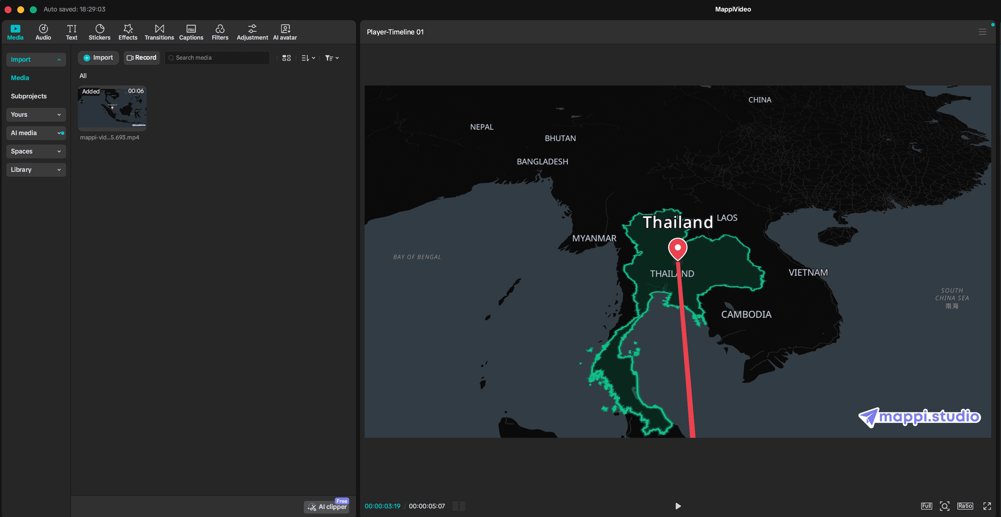Mappi map animation placed on the CapCut timeline with the Inspector panel open for scale and position