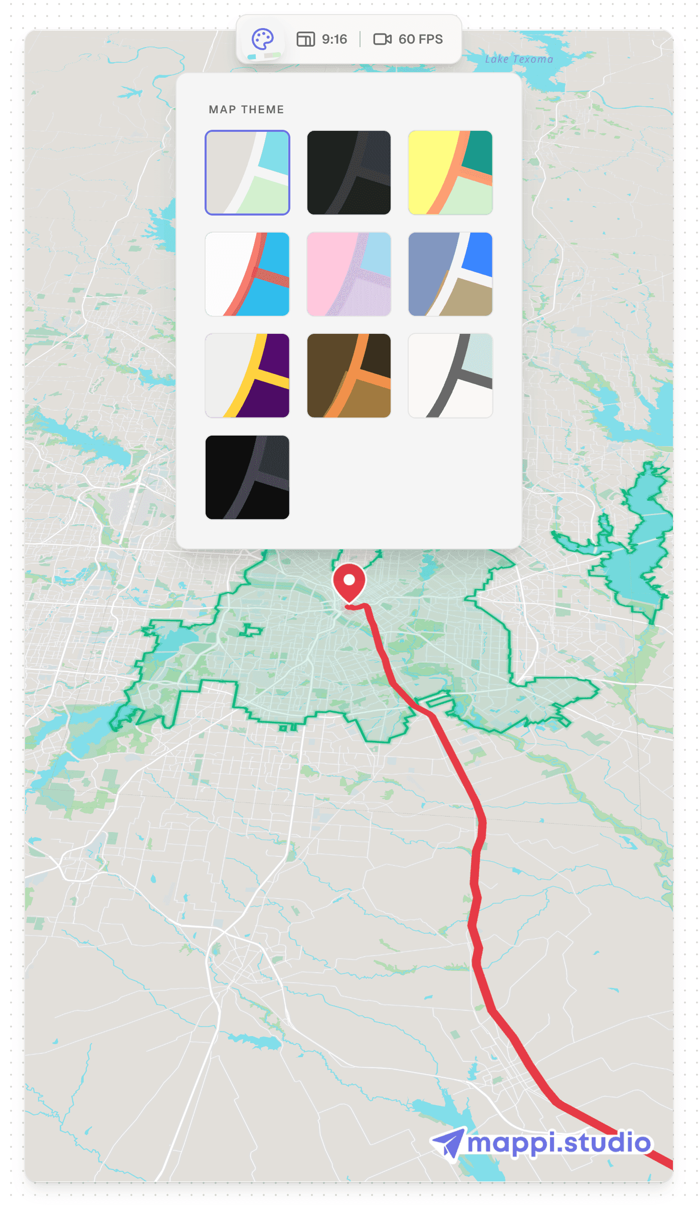 Style panel listing preset map themes with color previews