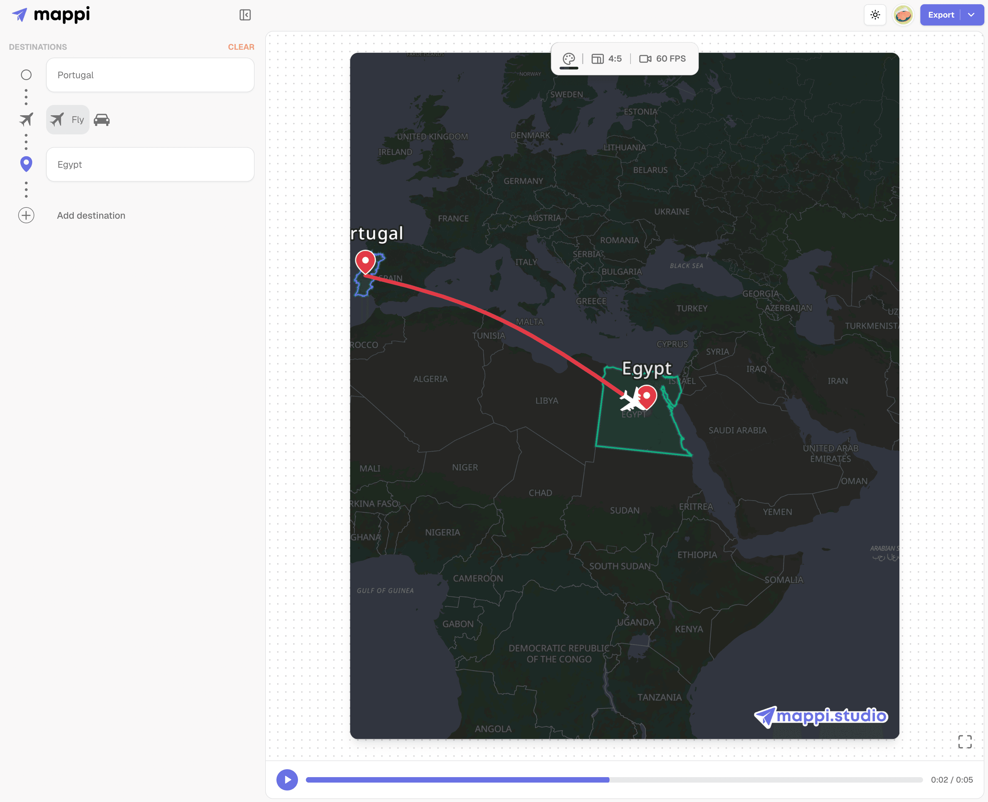 dark-themed map with an animated flight path from Portugal to Egypt