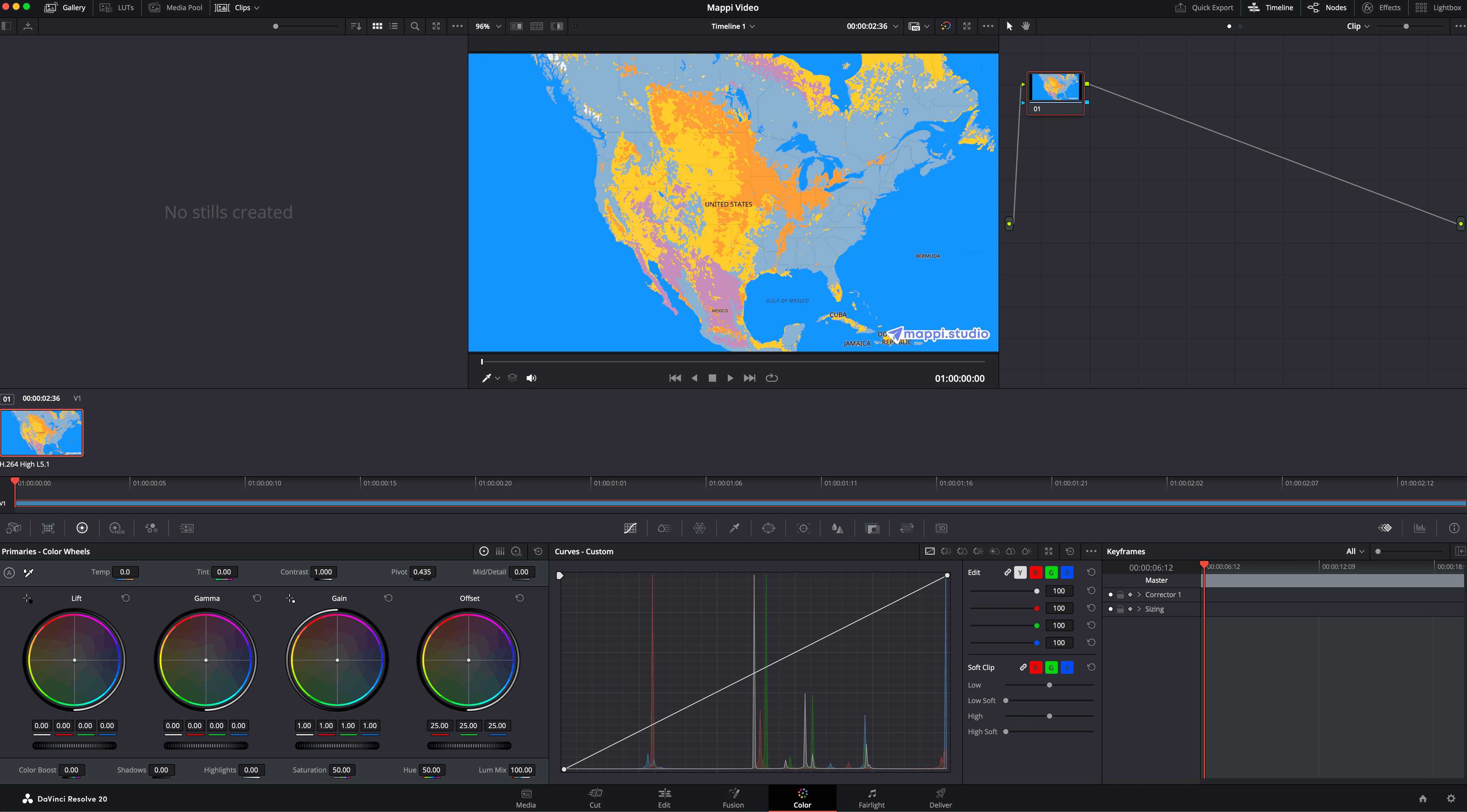 Finished DaVinci Resolve timeline with a Mappi map animation, Text+ titles, and a color grade applied