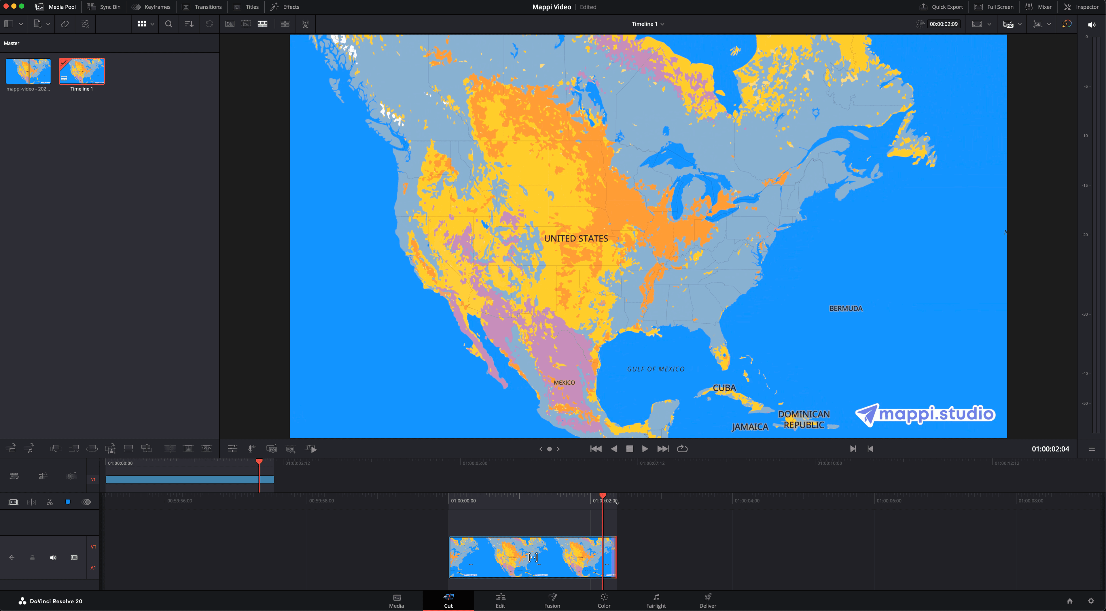 Mappi animated map clip on the DaVinci Resolve Edit page timeline, ready to grade and title