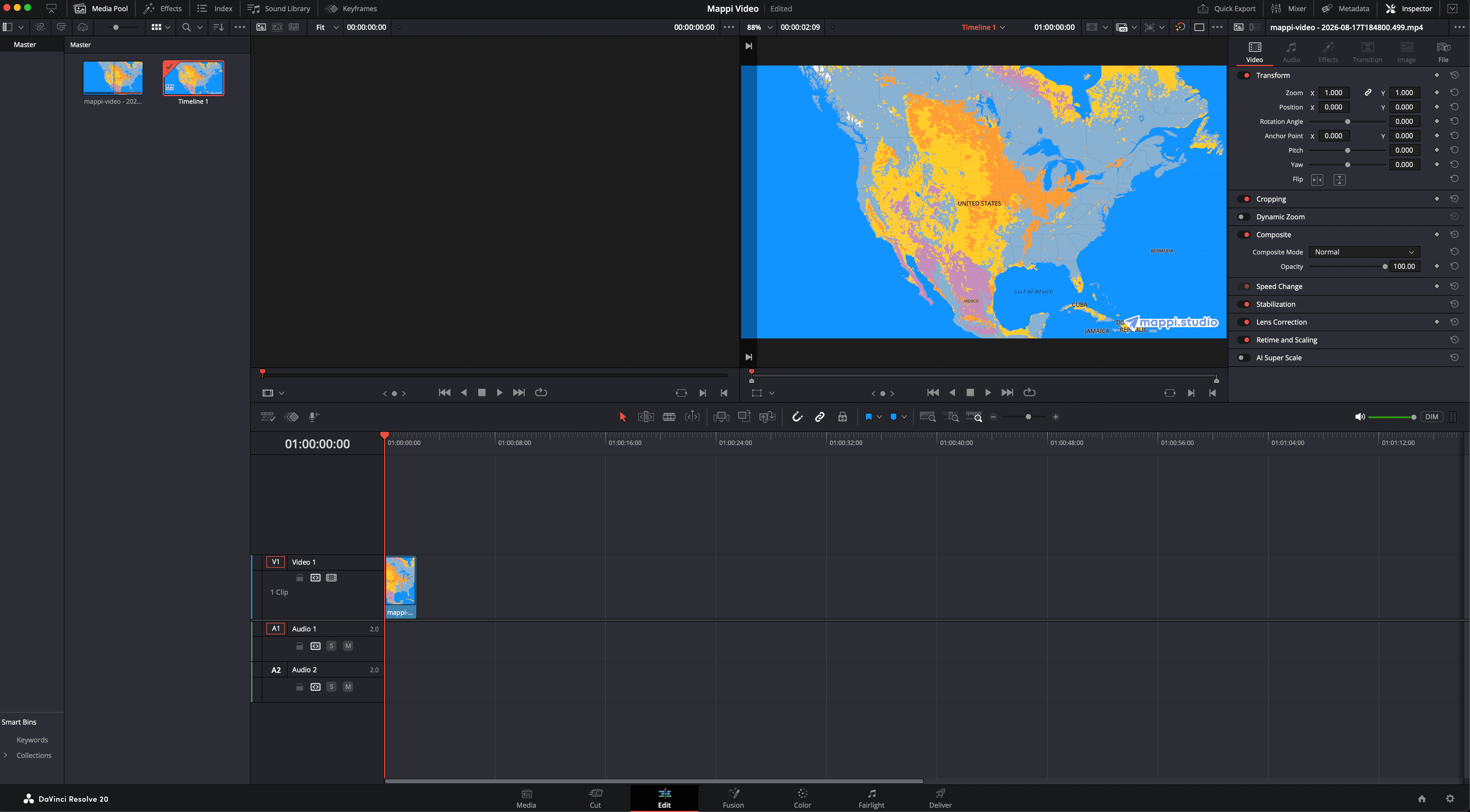 Mappi map animation on the DaVinci Resolve Edit page timeline with the Inspector open for Zoom and Position