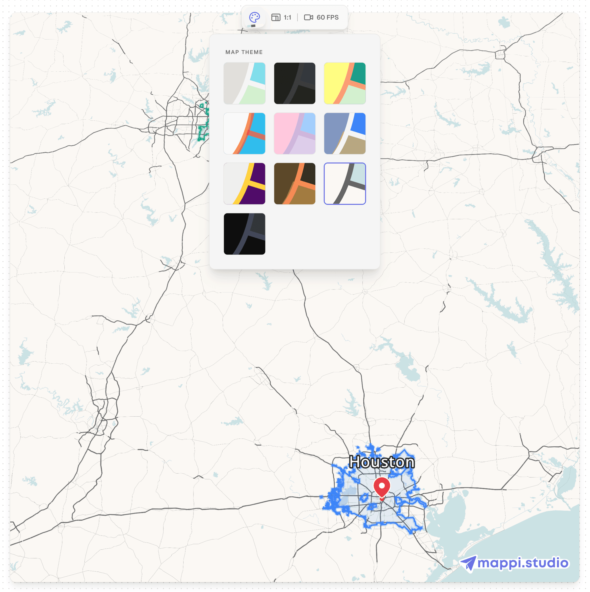 map theme preview centered on Houston showing styled land, water, and roads