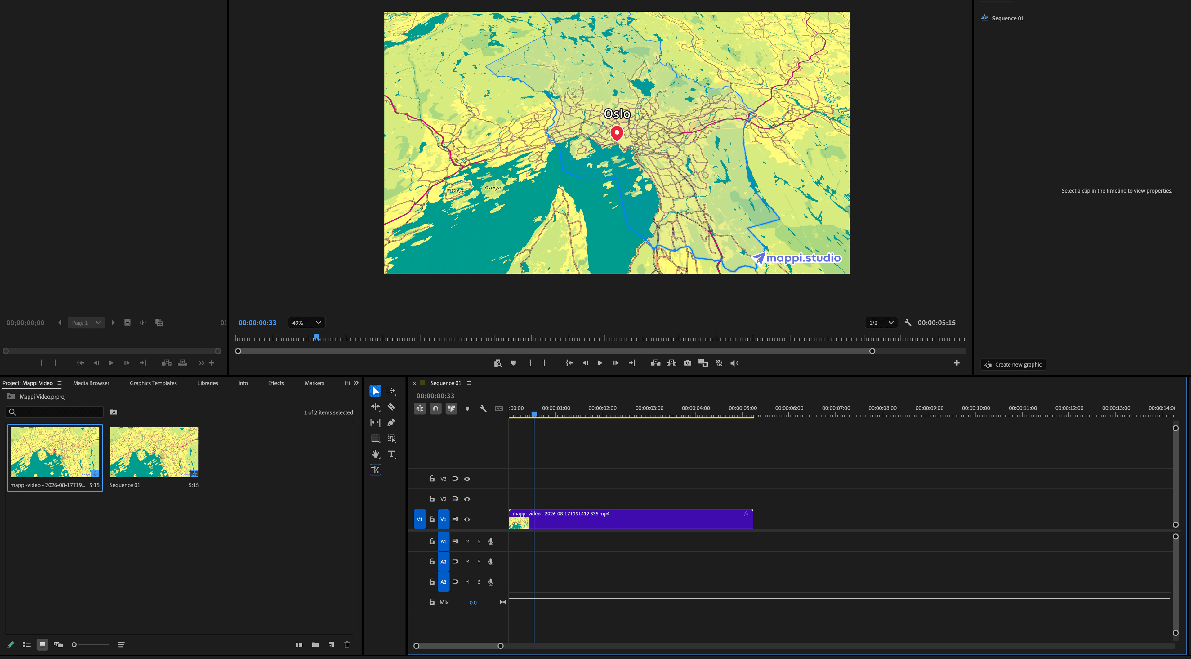 Finished Premiere Pro sequence with a Mappi map animation, Essential Graphics titles, and a Lumetri Color grade applied