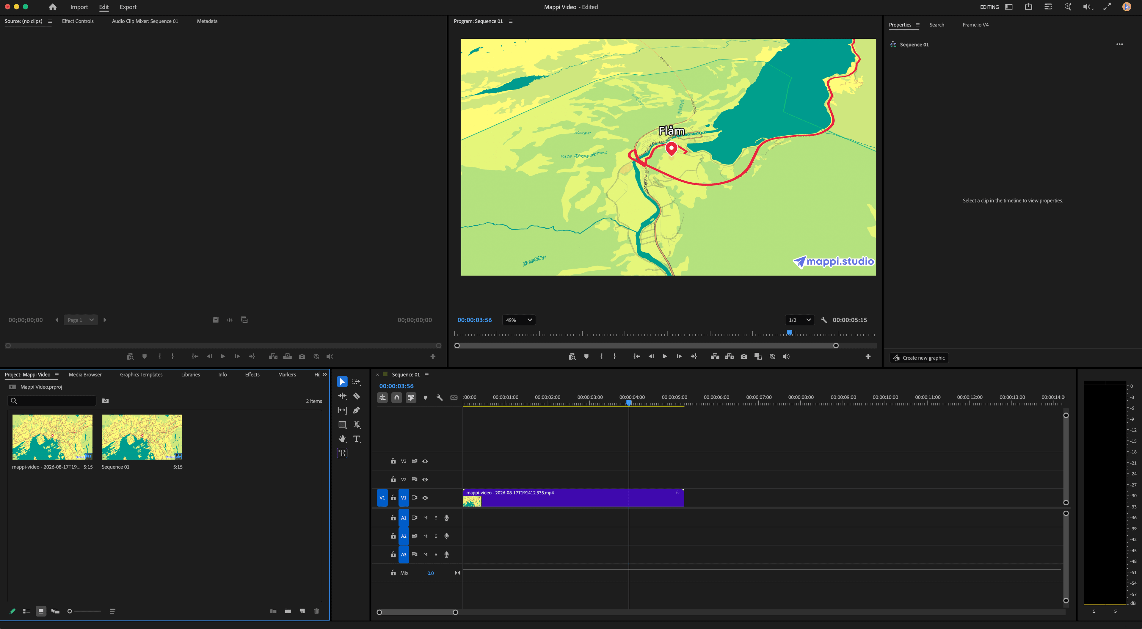Mappi animated map clip in a Premiere Pro sequence with the Timeline and Program Monitor visible