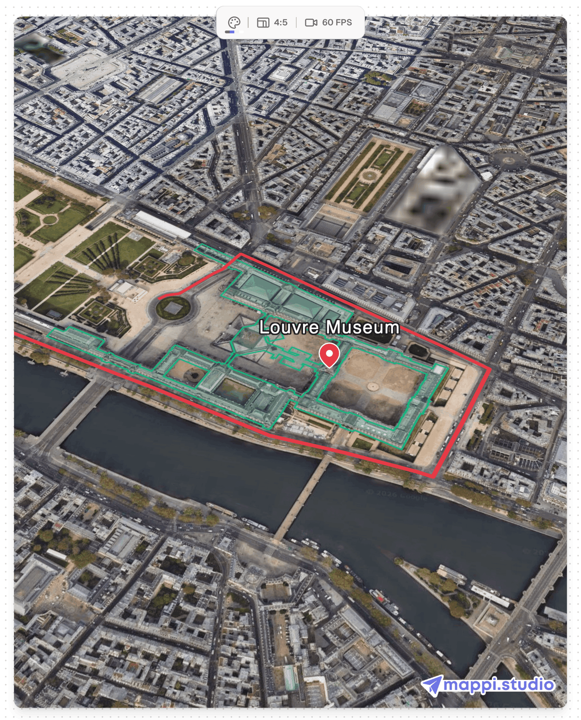 satellite imagery map centered on the Louvre Museum in Paris