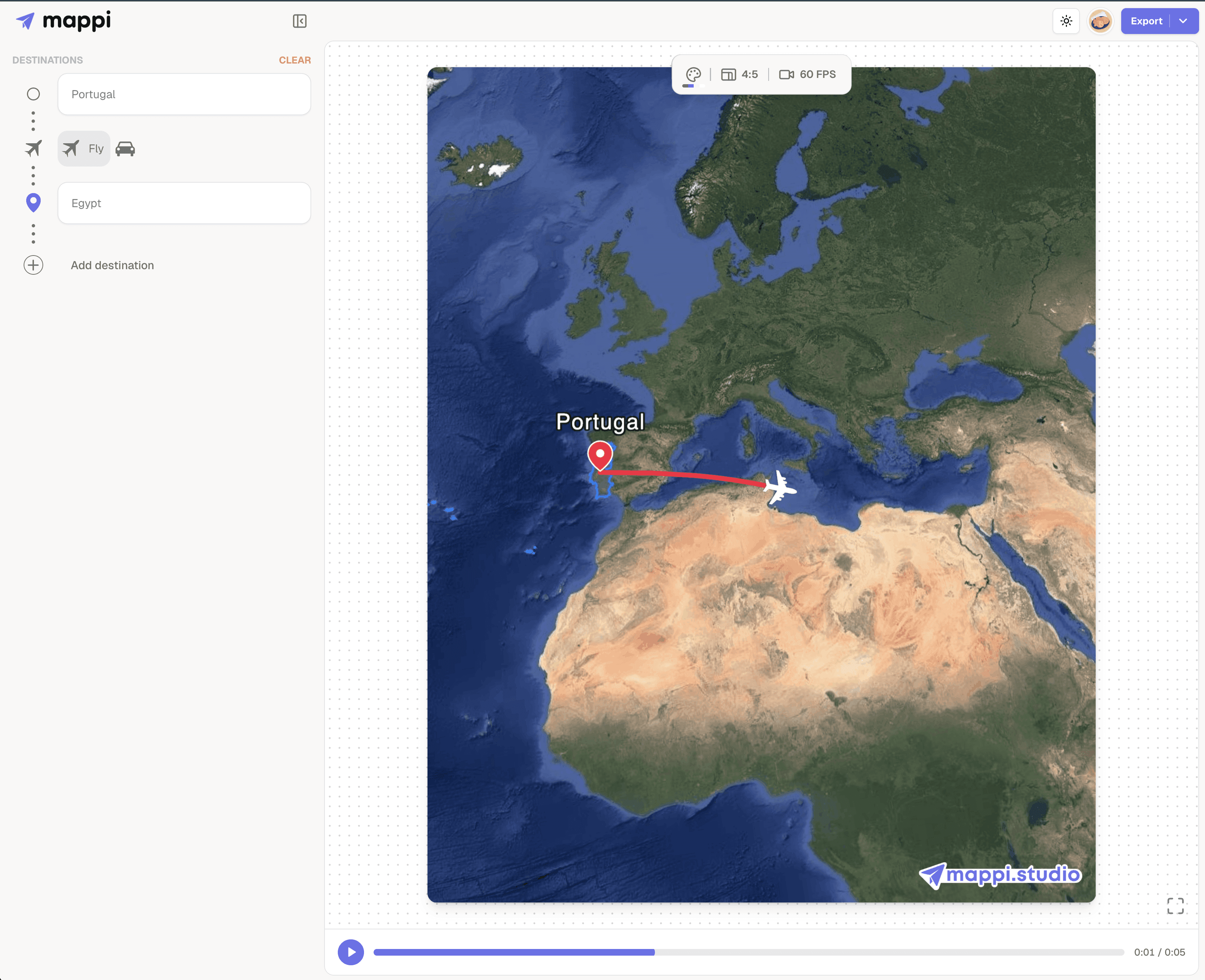 satellite map with a long-distance flight path from Portugal to Egypt